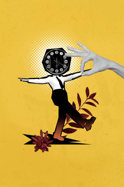 istock Vertical art trend collage of anonym businessman instead head clock regime expire limit schedule hand control marionette deadline 2205494876