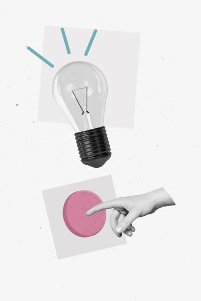 istock Template sketch image composite artwork collage of hand gesture finger point touch button idea lamp puzzle decision logic eureka genius 2205495065