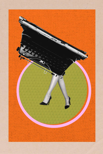 Exclusive image vertical photo collage of anonym girl legs step typewriter machine author retro tool typescript storytelling