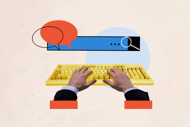 istock Exclusive sketch collage of hands type keyboard buttons qwerty tool bubble communication speech web search icon lens prompt 2205496185