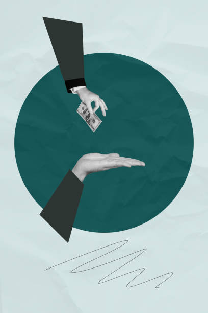 istock Template metaphor collage of hand holding taking dollars banknote on green background 2205496274