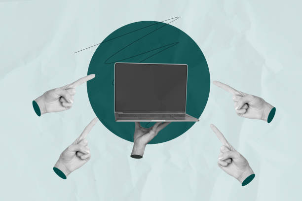 istock Template collage image of human hand showing holding netbook fingers pointing 2205496298