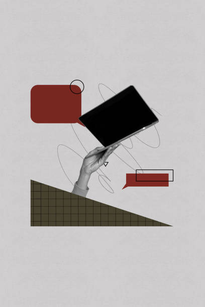 istock Vertical zine image artwork collage of hand hold laptop device communication speech messenger icon bubble notification sms 2205496341
