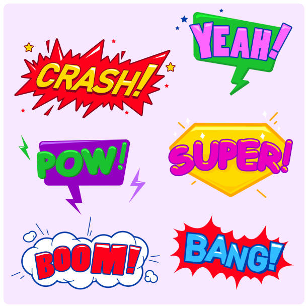 Superhero comics sticker set. Cartoon comic book talk sounds bubble set. Crash, boom, bang sound effects logos. Fun comic book speech bubbles. Vector illustration