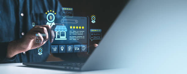 istock Customer reviewing online business ratings and feedback. 2205500377
