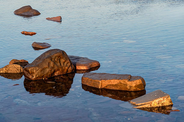 Stone pedestal in sea water with gentle ripples surface texture on stream concept for spa, cosmetic product display,Minimal Rock sea stones in clam water with bright sunlight in summer concept for Zen