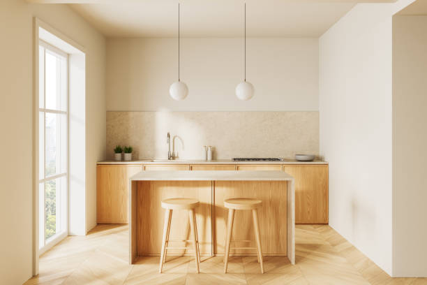 istock Modern kitchen interior with light wood cabinets and central island. 3D Rendering 2205500622