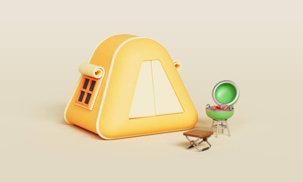 istock Camping Tent, BBQ Grill and Folding Chair Icon. 3D Rendering 2205501062