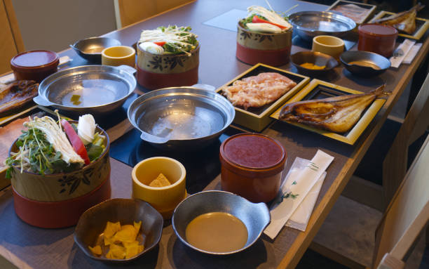 istock Japanese hot pot food set on a table in restaurant 2205504581