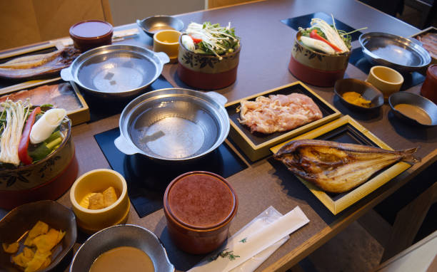 istock Japanese hot pot food set on a table in restaurant 2205504589