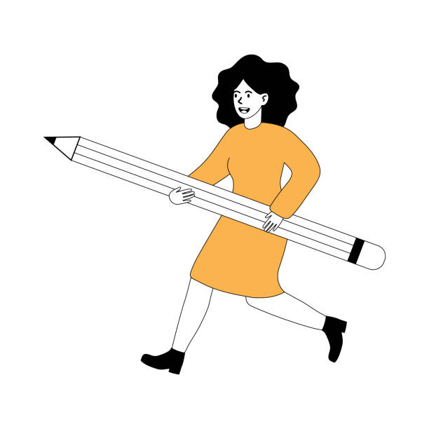 istock Woman in yellow dress joyfully carries large pencil while walking 2205509684