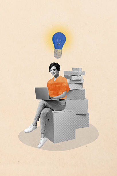 istock Sketch image artwork composite 3D photo collage of brainstorming puzzle think mind decision idea lamp young lady type laptop sit pile box 2205510467