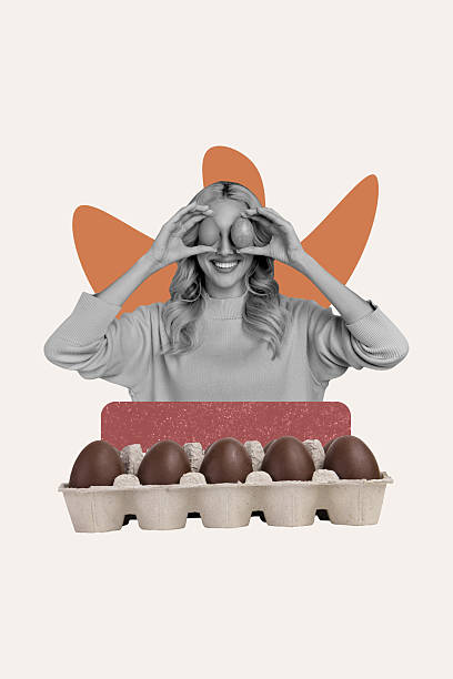 istock Vertical photo collage cheerful young girl holding two eggs chocolate painted easter symbol tradition holiday celebration cheerful smile 2205513160
