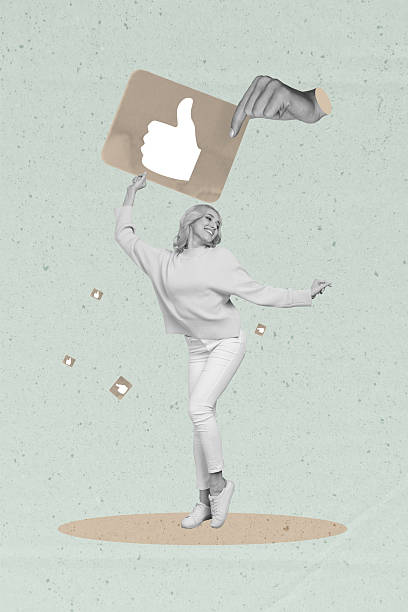 istock Creative poster collage of girl dancing under hand hold like button 2205513180