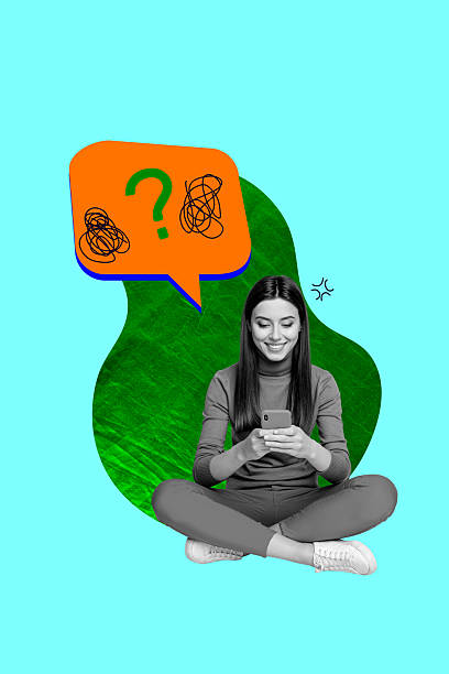 istock Vertical art trend collage of happy girl think solution hold phone bubble question mark decision idea finding speak contemplation 2205516099