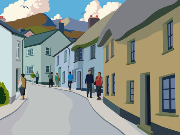 Rural scene in Retro Clean line style. Tree, Forest, Woodland, Bush, Rural Scene, Village, town, community, house, English, domestic life, Devon, Cornwall,