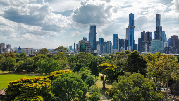 The skyline of Melbourne at a cloudy day, photograped with a drone