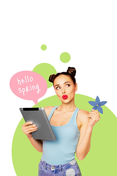 istock Poster image vertical collage of happy girl hold ereader duck-face pouted lips hold snowdrop flower bud hello spring bubble 2205517108
