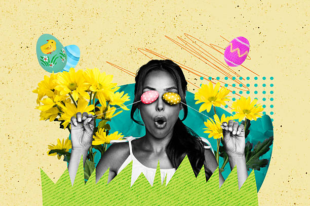 istock Photo collage poster young woman easter painted eggs instead eyes environment flowers yellow daisy holiday springtime drawing background 2205517672