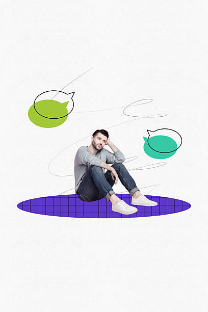 istock Vertical sketch 3d artwork collage poster of serious man sit colorful text box bubble notification speech messenger app icon 2205518049
