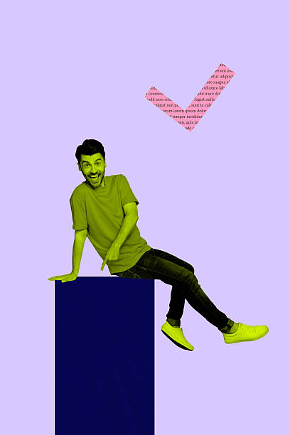 istock Zine art poster trend collage image of happy man sit chart icon think decision checkmark approval symbol agree project vote 2205518206