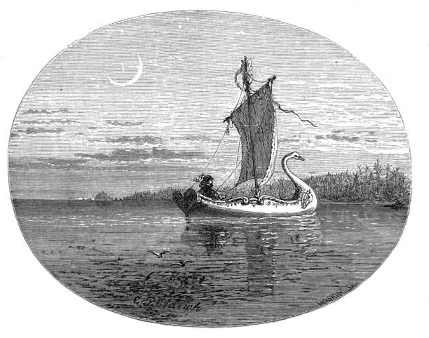 Antique illustration pre 1900 - ancient sail boat that is shaped like a swan