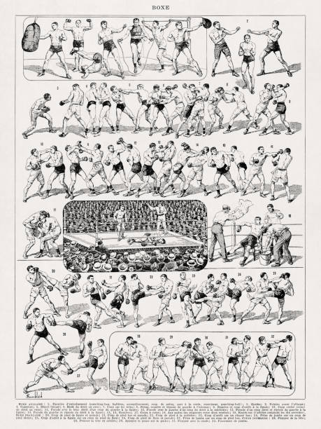 Illustration by Bombled printed in a late 19th century French dictionary depicting all the moves from both English boxing and French boxing as well as the forbidden blows.