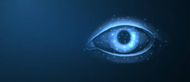 istock 3D eye on blue background. Digital vision, ophthalmology health, face recognition. 2205525392
