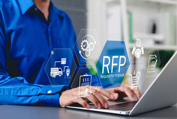istock RFP, Request for Proposal Business Concept. Businessman working on laptop with icon representing Request for Proposal (RFP) process, including procurement, bidding, contract management, and logistics. 2205527429
