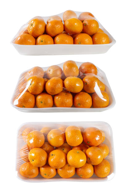 istock Three foam trays of Mandarin oranges on a white background 2205528516