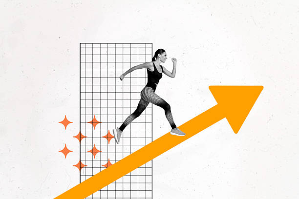 istock Creative zine image artwork collage of happy sportswoman run arrow determination pointer direction race marathon competition 2205528700