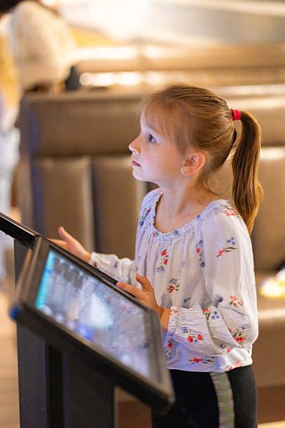 istock Primary school girl using big touch screen display and delighted looking around. Children and modern technology concepts. 2205528809