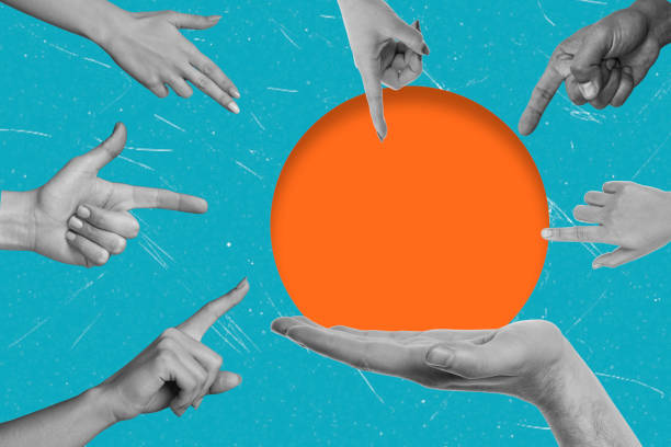 istock Modern art art collage showing multiple hands pointing palms. 2205529393