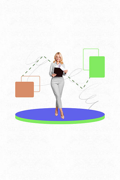 istock Poster photo vertical collage of happy old businesswoman hold clipboard development algorithm icon progress career growth 2205529487