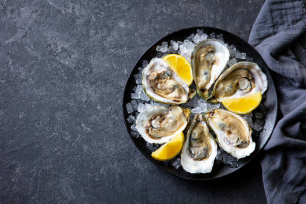 istock Fresh oysters with lemon on crushed ice. Dark background. Copy space. Top view. 2205533099