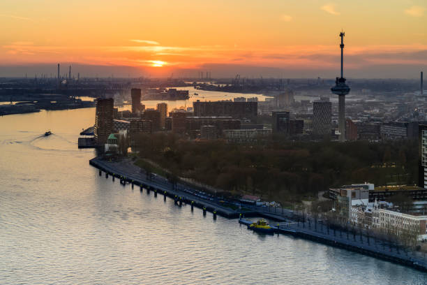 Skyline of Rotterdam with high Euromast tower and Erasmus cable-stayed bridge, Netherland