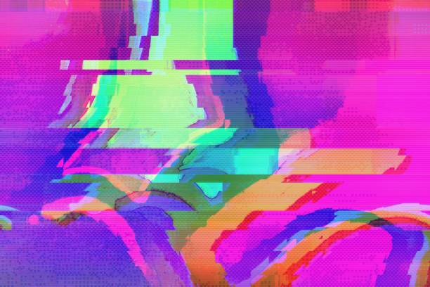 istock Vibrant Glitch Art in Neon Pink, Green, Blue with Retro 80s, Holographic Elements 2205535835