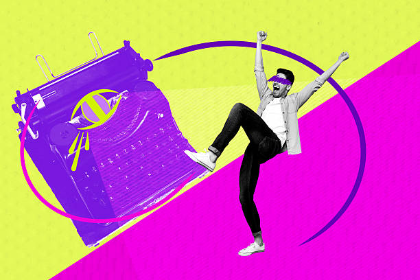 istock Template sketch image composite artwork collage of young man excited emotion face cover eyes walk typewriter machine reporter oversee 2205539495
