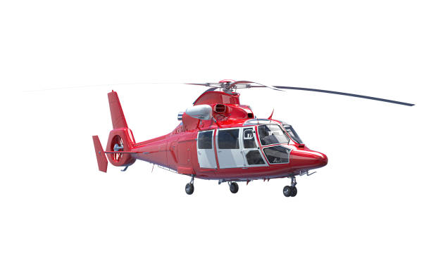 istock Red helicopter flying in the clear sky 2205539745
