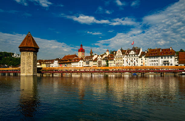 Lucern city with famous Chapel Bridge. Riverfront in Lucerne, Swiss. Lucerne city view. Canton of Lucerne. Lucern Switzerland. Sunrise in historic city center of Lucerne with lake. Lucern city with famous Chapel Bridge. Riverfront in Lucerne, Swiss. Lucerne city view. Canton of Lucerne. Lucern Switzerland. Sunrise in historic city center of Lucerne with lake lucerne switzerland stock pictures, royalty-free photos & images