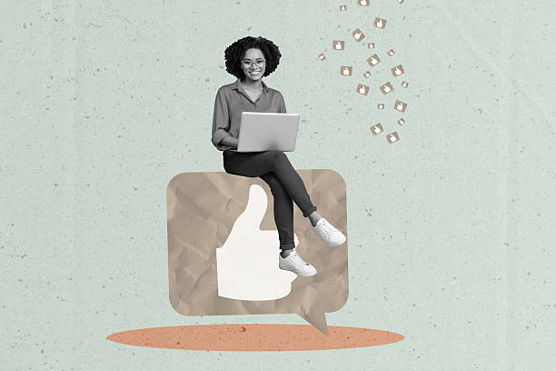 istock Poster banner collage of young woman sit like button using netbook 2205540869