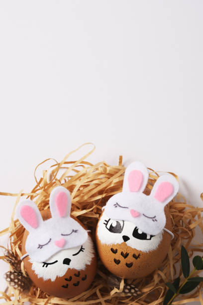 istock Hand painted eggs sleeping owls in sleep masks in a nest with quail eggs. Space for your text. 2205541905