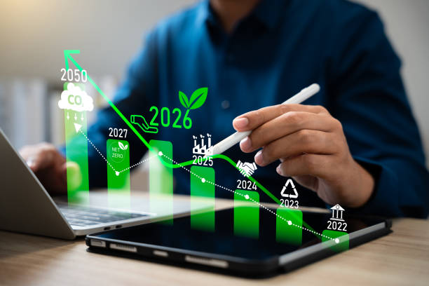 istock Carbon emission reduction target, Green economy and sustainability Net Zero future. Sustainable development, Energy goals 2026. CO2 emission graph, Goals sustainable planet by 2050.World Environment. 2205543846