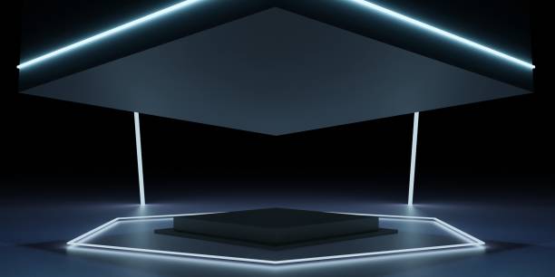 istock Square podium and glowing neon light bars, neon color, background, abstract, 3d illustration 2205546728