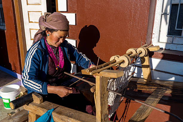 Old woman holding hand prayer wheel and prayer beads