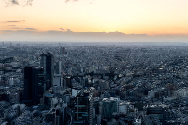 Fading sunlight casts a golden glow over Tokyo while a ghosting effect captures the energy of the city, illustrating its dynamic nature as the urban landscape shifts into nighttime