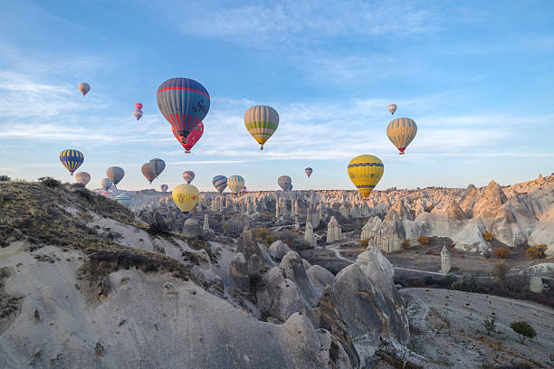 Balloons in rose valley, Cappadocia. Spectacular flight in Goreme. Turkey