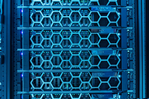 istock Modern Data Center Rack with Glowing Lights and Detailed Design 2205553075