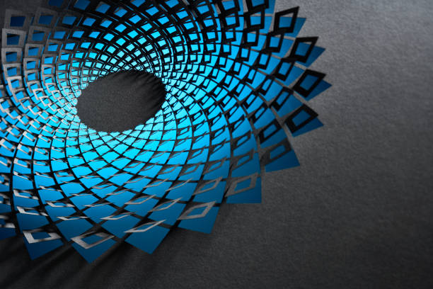 Intricate paper cutout artwork featuring a dynamic blue spiral pattern with geometric shapes. The layered design creates a striking three-dimensional effect against a dark background, highlighting the precision and depth of the abstract composition.  \nNative image size: 7952 x 5304.