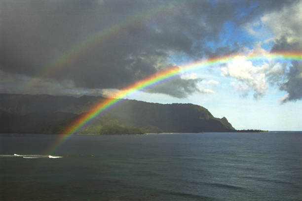 I think this is a pretty unusual picture  and why I took time to take it.  There are lots of pictures of the bay, and I have visited this site many times, but never have I seen a double rainbow.  Plus, the more prominent of the two seems to emerge from a wave on the bay, another nice coincidence.  The rainbow above is relatively faded but is definitely there.  Kauai is a magical place, especially in the north.